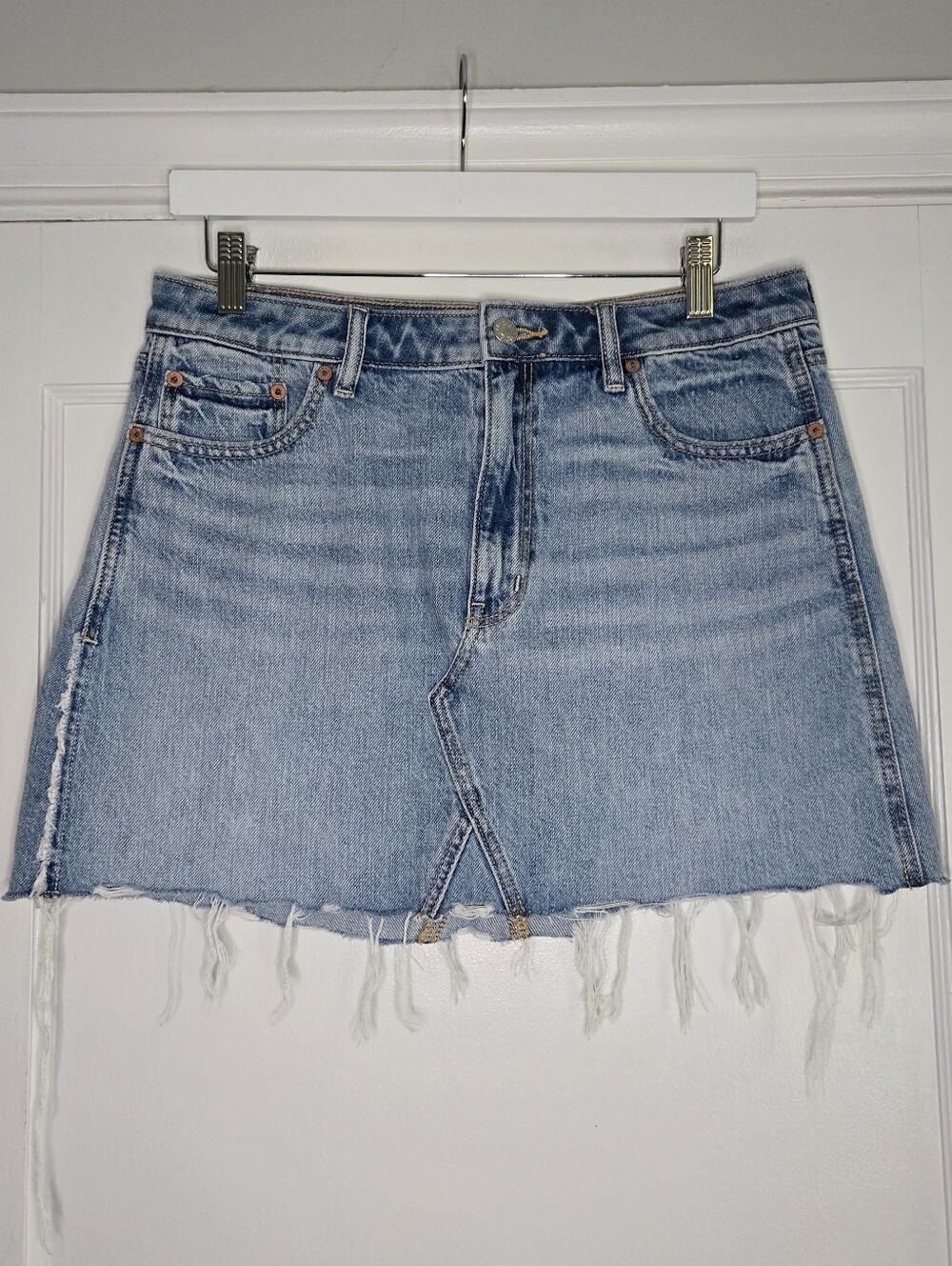 American Eagle Distressed Denim Mini Skirt Light Blue Y2K Jean Skirt